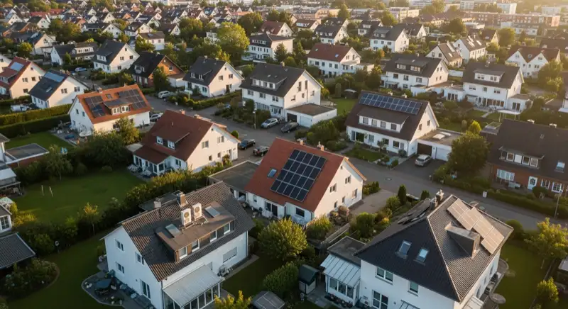 Aerial drone view of typical German residential neighborhood with mixed roof types, red and dark roof tiles, gardens visible, sunny day