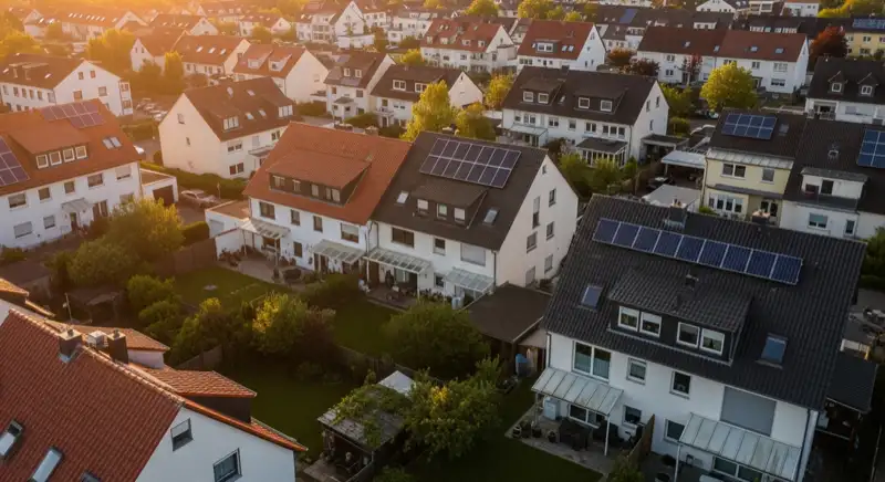 Aerial drone view of typical German residential neighborhood with mixed roof types, red and dark roof tiles, gardens visible, sunny day