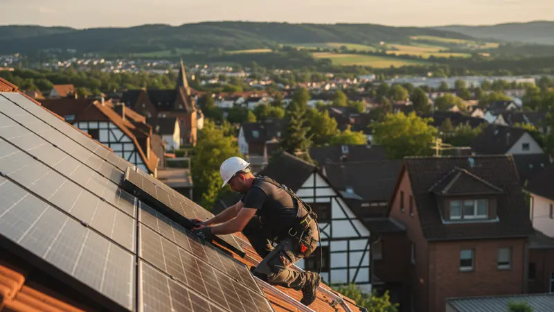 Solarinstallateur bei der Montage auf einem Wuppertaler Dach mit Blick auf grüne Hügel