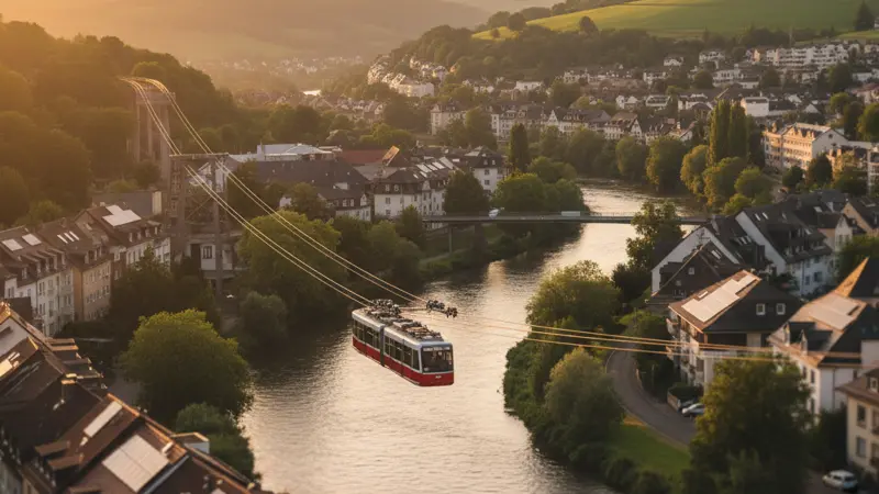 Wuppertaler Schwebebahn über der Wupper mit Solaranlagen auf Hausdächern im Hintergrund