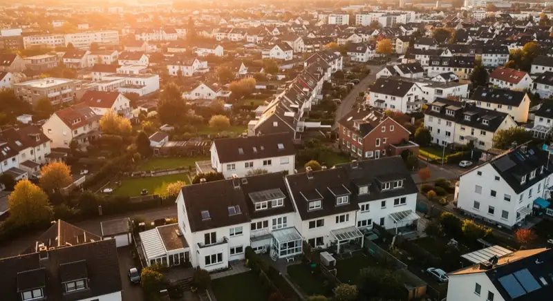 Aerial drone view of typical German residential neighborhood with mixed roof types, red and dark roof tiles, gardens visible, sunny day