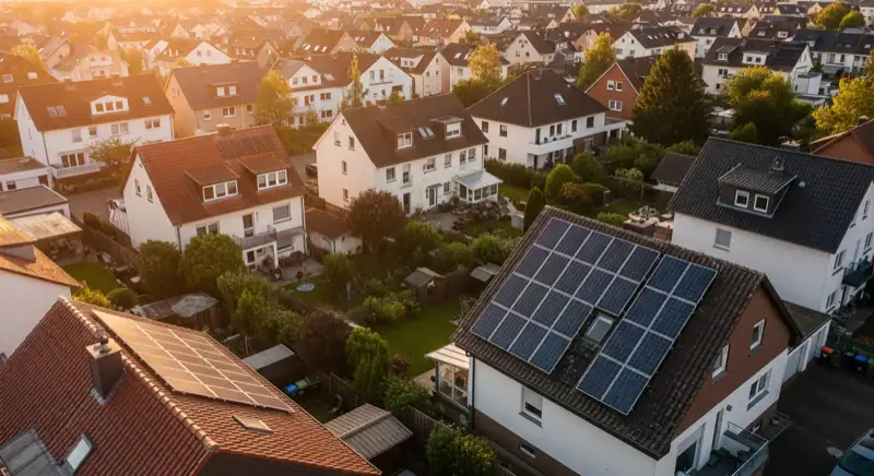 Aerial drone view of typical German residential neighborhood with mixed roof types, red and dark roof tiles, gardens visible, sunny day