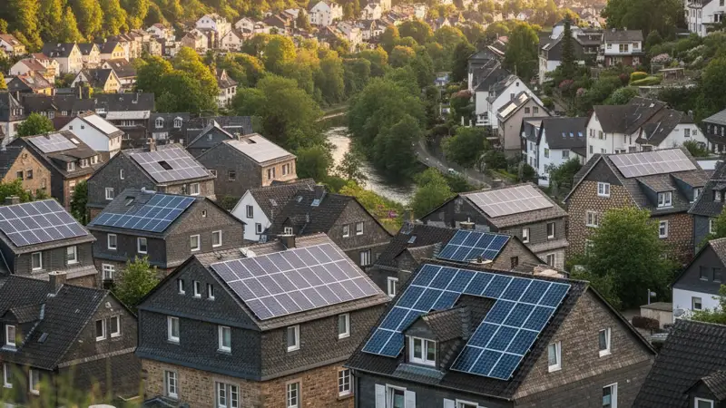 Wuppertaler Stadtteil mit Solaranlagen auf mehreren Dächern, bergische Architektur