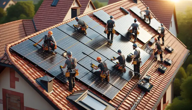 Nahaufnahme moderner Solarmodule auf einem Krefelder Hausdach mit roten Dachziegeln