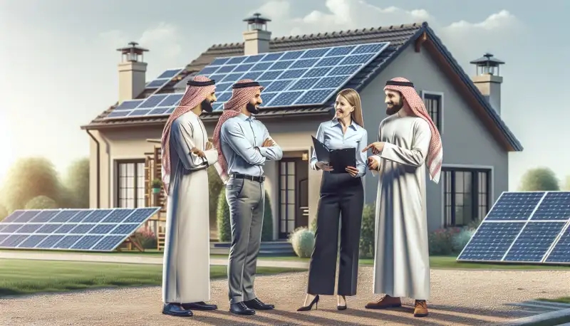 Solarinstallateur berät Krefelder Hausbesitzer vor dem Eigenheim, zeigt auf das Dach