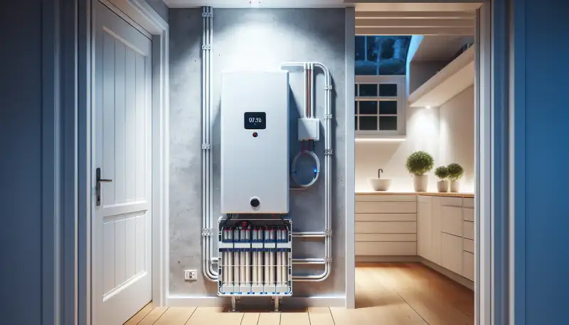 Moderner Batteriespeicher im Technikraum eines Krefelder Einfamilienhauses, wandmontiert mit LED Anzeige