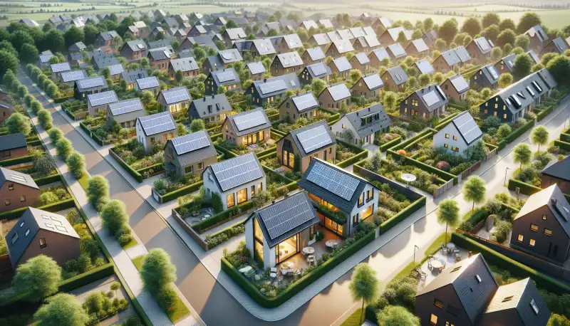 Luftaufnahme einer Krefelder Wohnsiedlung mit mehreren Häusern mit Solaranlagen auf den Dächern