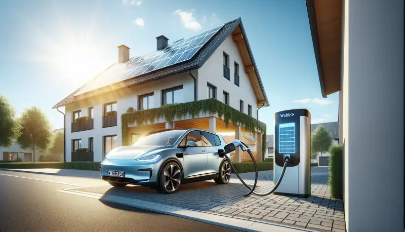 E Auto lädt an einer Wallbox neben einem Krefelder Einfamilienhaus mit Solaranlage auf dem Dach