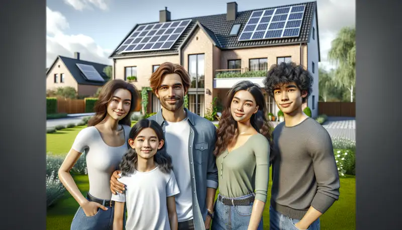 Familie vor ihrem Krefelder Eigenheim mit Solaranlage auf dem Dach
