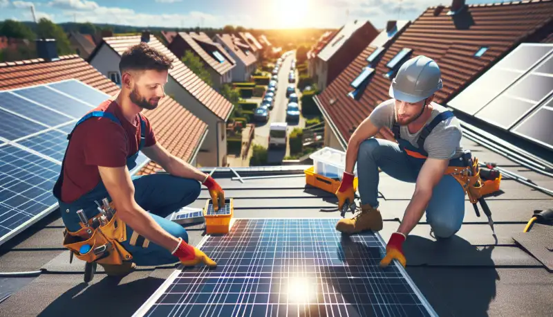 Zwei Solarinstallateure bei der Montage auf einem Krefelder Hausdach