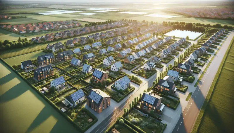 Luftaufnahme einer Krefelder Wohnsiedlung mit Solaranlagen auf den Dächern, flache Niederrhein-Landschaft