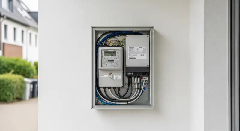 Modern German electrical meter cabinet (Zählerschrank) with smart meter and solar inverter connection, clean technical installation
