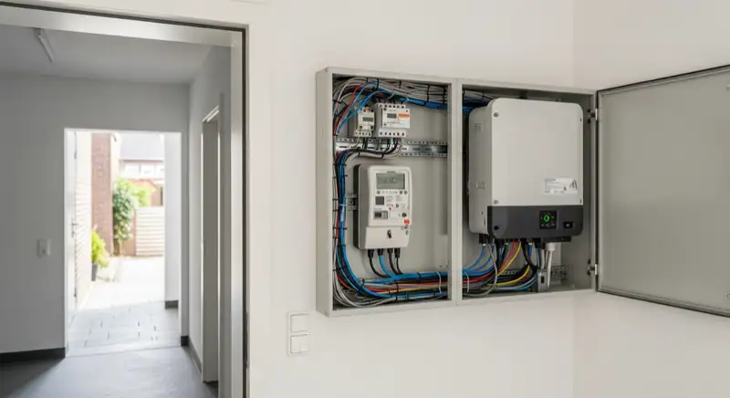 Modern German electrical meter cabinet (Zählerschrank) with smart meter and solar inverter connection, clean technical installation