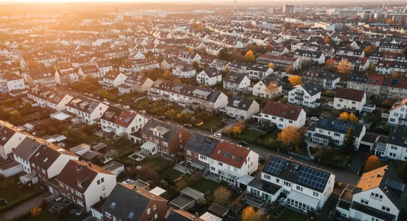 Aerial drone view of typical German residential neighborhood with mixed roof types, red and dark roof tiles, gardens visible, sunny day
