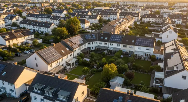 Aerial drone view of typical German residential neighborhood with mixed roof types, red and dark roof tiles, gardens visible, sunny day