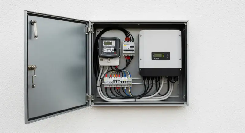Modern German electrical meter cabinet (Zählerschrank) with smart meter and solar inverter connection, clean technical installation