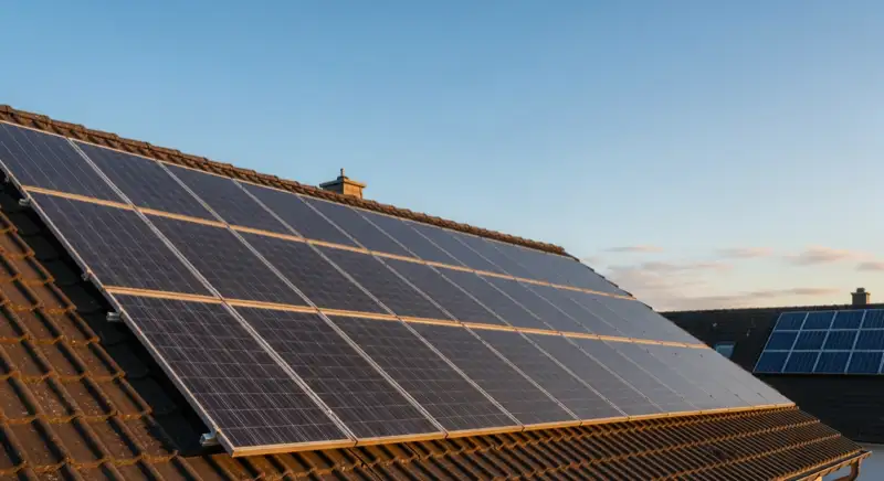 Close-up of photovoltaic solar panels installed on a traditional German Satteldach (gabled roof), blue sky with some clouds