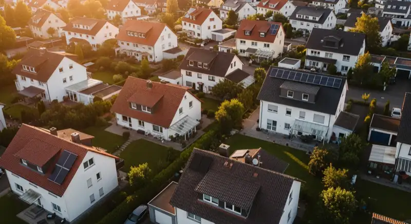 Aerial drone view of typical German residential neighborhood with mixed roof types, red and dark roof tiles, gardens visible, sunny day