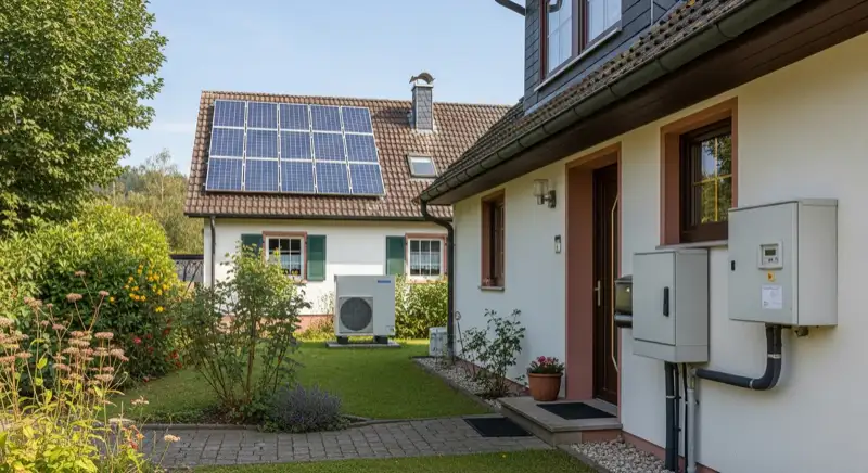 Modern German electrical meter cabinet (Zählerschrank) with smart meter and solar inverter connection, clean technical installation