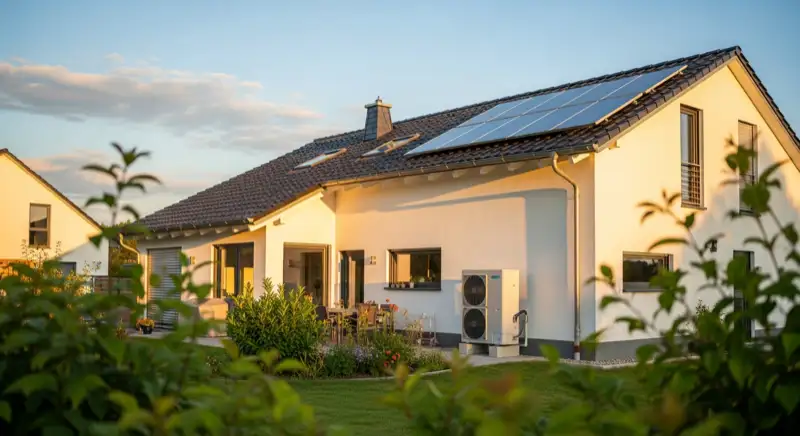 Modernes Einfamilienhaus in Lahr mit Solaranlage auf dem Dach und Wärmepumpen-Außeneinheit im Garten