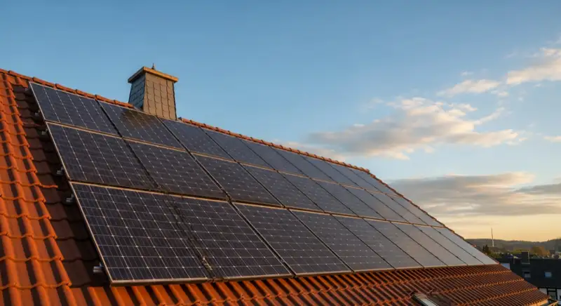 Close-up of photovoltaic solar panels installed on a traditional German Satteldach (gabled roof), blue sky with some clouds