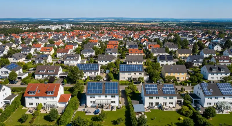 Aerial drone view of typical German residential neighborhood with mixed roof types, red and dark roof tiles, gardens visible, sunny day
