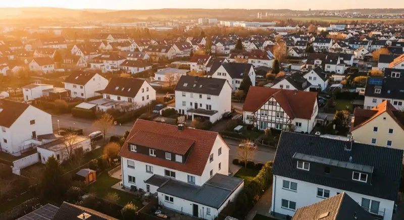 Aerial drone view of typical German residential neighborhood with mixed roof types, red and dark roof tiles, gardens visible, sunny day