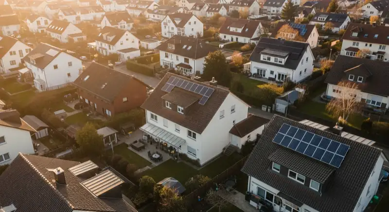Aerial drone view of typical German residential neighborhood with mixed roof types, red and dark roof tiles, gardens visible, sunny day