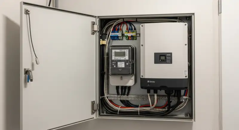 Modern German electrical meter cabinet (Zählerschrank) with smart meter and solar inverter connection, clean technical installation