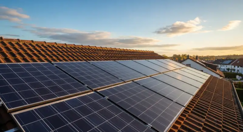 Close-up of photovoltaic solar panels installed on a traditional German Satteldach (gabled roof), blue sky with some clouds