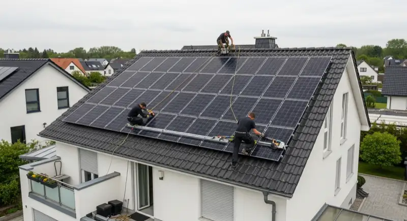 Installateur führt jährliche Wartung einer Solaranlage auf Hausdach in Landau durch