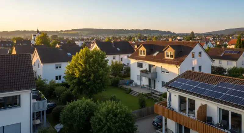 Wohngebiete in Landshut mit verschiedenen Bauformen, typische Einfamilienhäuser und Dachstrukturen aus der Luft