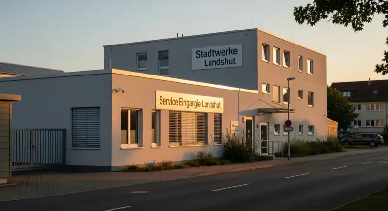 Blick auf das Stadtwerke-Gebäude in Landshut mit Service-Eingang, lokale Versorgeratmosphäre