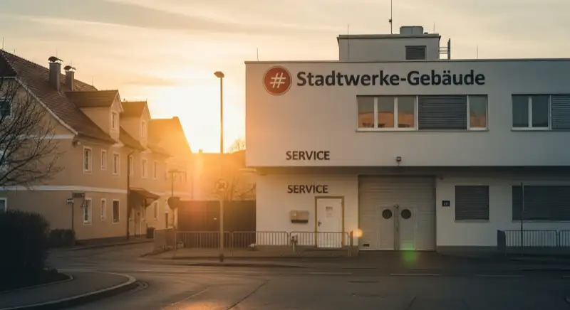 Blick auf das Stadtwerke-Gebäude in Landshut mit Service-Eingang, lokale Versorgeratmosphäre