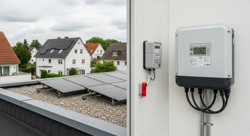 Modern German electrical meter cabinet (Zählerschrank) with smart meter and solar inverter connection, clean technical installation