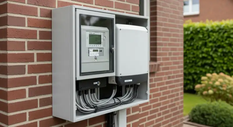 Modern German electrical meter cabinet (Zählerschrank) with smart meter and solar inverter connection, clean technical installation