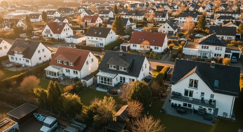 Aerial drone view of typical German residential neighborhood with mixed roof types, red and dark roof tiles, gardens visible, sunny day