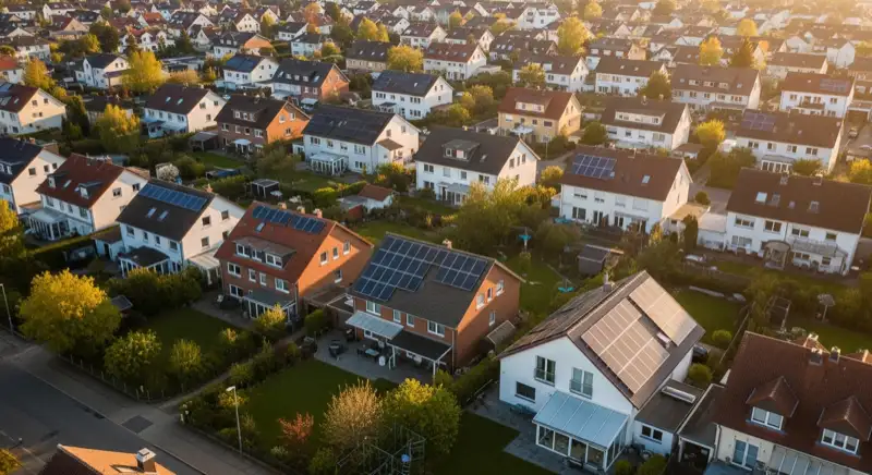 Aerial drone view of typical German residential neighborhood with mixed roof types, red and dark roof tiles, gardens visible, sunny day