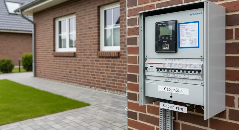 Modern German electrical meter cabinet (Zählerschrank) with smart meter and solar inverter connection, clean technical installation