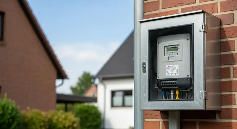 Modern German electrical meter cabinet (Zählerschrank) with smart meter and solar inverter connection, clean technical installation