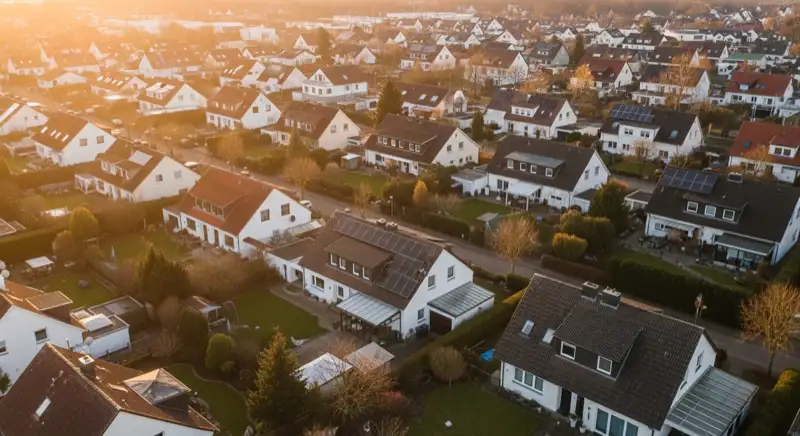 Aerial drone view of typical German residential neighborhood with mixed roof types, red and dark roof tiles, gardens visible, sunny day