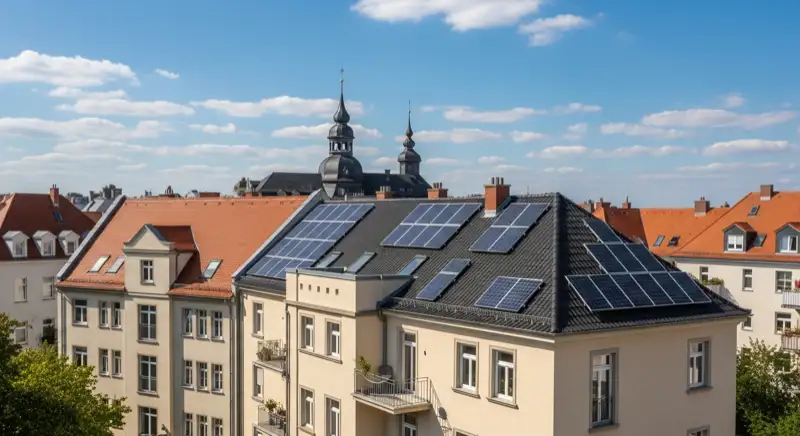 Leipziger Gründerzeit-Dach mit optimal installierten Solarmodulen bei 42° Neigung