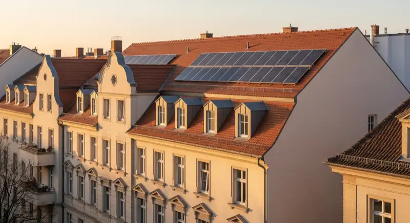Historisches Gründerzeitgebäude in Leipzig mit dezent integrierten Solarziegeln auf dem Süddach