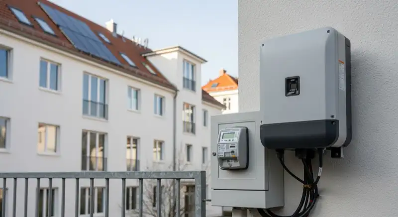 Modern German electrical meter cabinet (Zählerschrank) with smart meter and solar inverter connection, clean technical installation