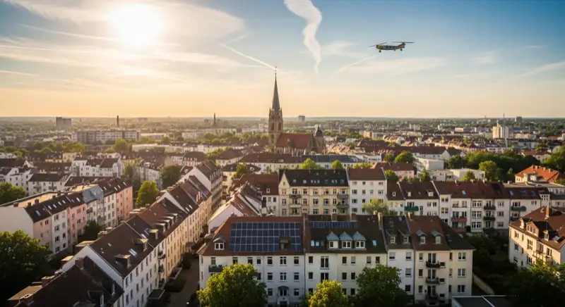 Aerial drone view of typical German residential neighborhood with mixed roof types, red and dark roof tiles, gardens visible, sunny day