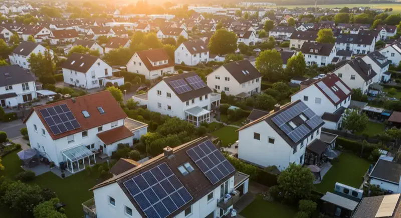 Aerial drone view of typical German residential neighborhood with mixed roof types, red and dark roof tiles, gardens visible, sunny day
