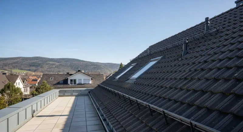 Installateur bei der Dachbegutachtung auf einem Einfamilienhaus in Leonberg mit Blick ins Glemstal