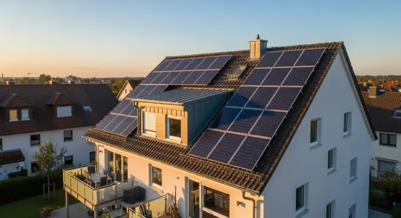 Einfamilienhaus in Leonberg mit Solaranlage auf dem Dach und Wärmepumpe im Vorgarten