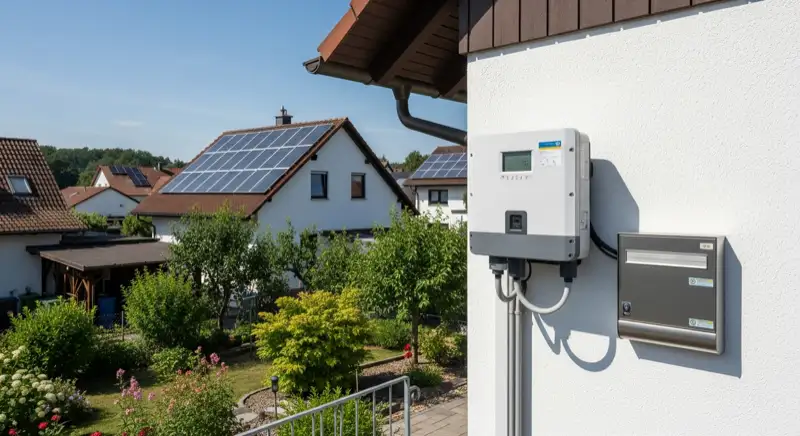 Modern German electrical meter cabinet (Zählerschrank) with smart meter and solar inverter connection, clean technical installation