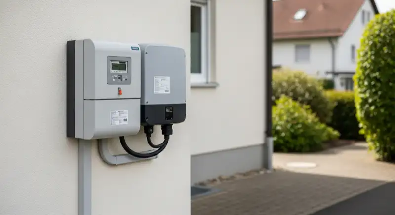 Modern German electrical meter cabinet (Zählerschrank) with smart meter and solar inverter connection, clean technical installation